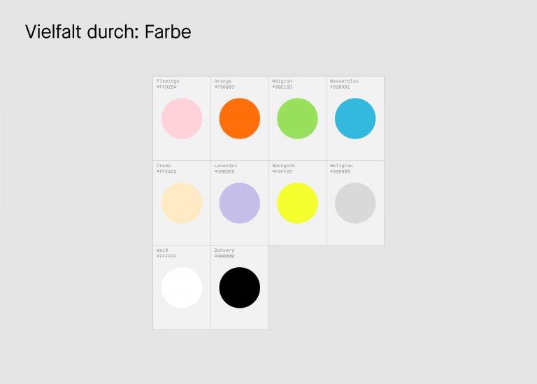 Vielfalt durch Farbe: Farbpalette mit 8 Farben, jeweils als Kreis und Angabe des Wertes sowie Schwarz und Weiß