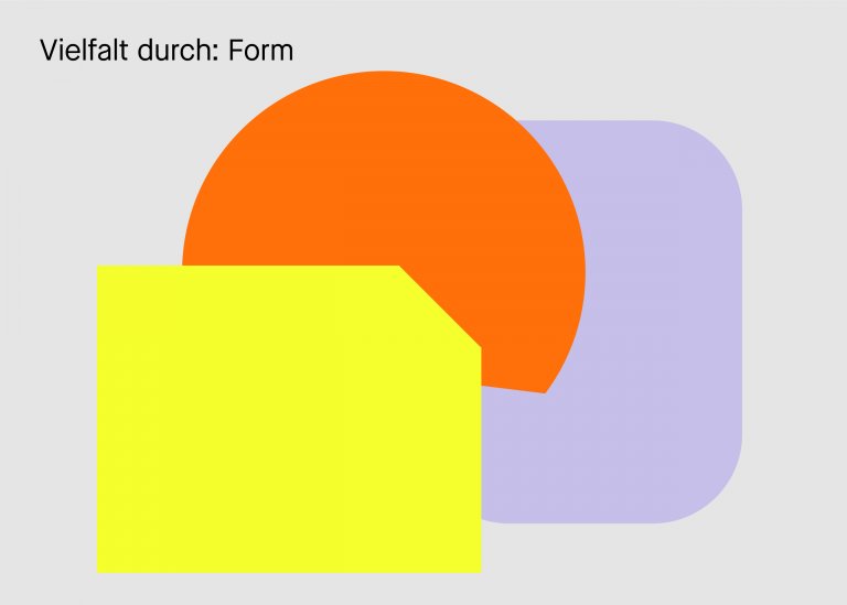 Vielfalt durch Form: 3 Formen, die sich überschneiden, ein gelbes Rechteck, ein orangefarbener Kreis, ein violettes Rechteck mit abgerundeten Ecken
