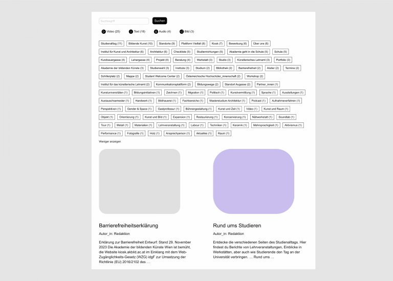 Suchsystem der Webseite Kiosk: Suche durch Texteingabe, Suche durch Formatauswahl (Dargestellt mit Icons: Video, Text, Audio, Bild), Suche durch Tags