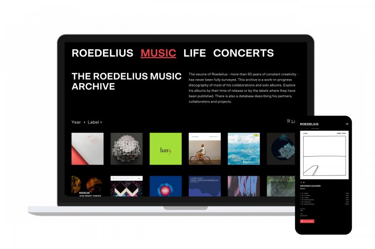 Laptop und Handy zeigen einen Ausschnitt der Seite "The Roedelius Music Archive"