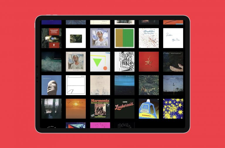 Tablet quer zeigt einen Ausschnitt der Webseite "The Roedelius Music Archive"