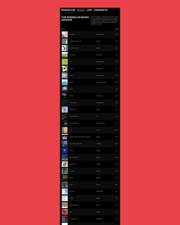 Ausschnitt der Unterseite "Roedelius Music Archive" - Listen-Darstellung